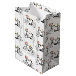 Sacola Para Presentes Média Flores e Aves Românticas De Bicicletas De Vintagem