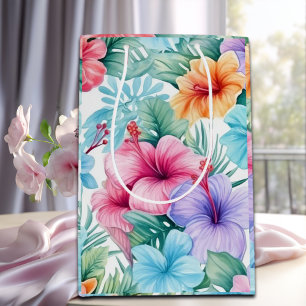 Sacola Para Presentes Média Flores e Folhas Tropicais