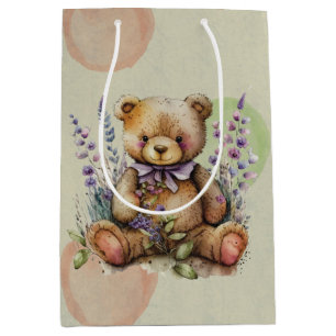 Sacola Para Presentes Média Flores E Polkadots De Lavanda De Urso Castanho