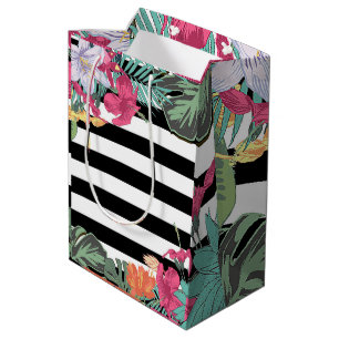 Sacola Para Presentes Média Flores Florais Tropicais Folhas Listras Pretas Bra