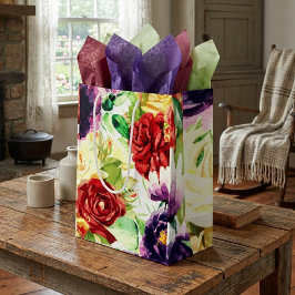 Sacola Para Presentes Média Flores Grandes em Aquarela em Estilo Vintage