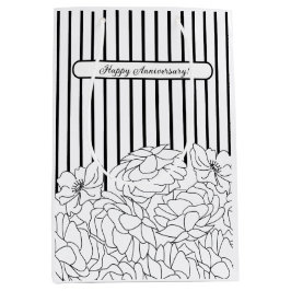 Sacola Para Presentes Média Flores Pretas e Brancas com Listras