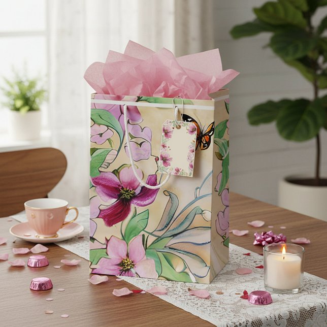 Sacola Para Presentes Média Flores roxas e borboletas aquarelas (Criador carregado)