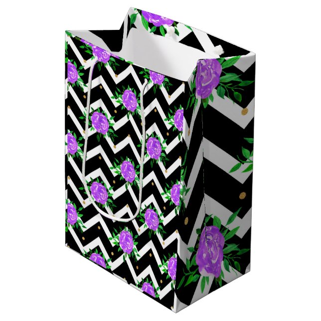 Sacola Para Presentes Média Flores Roxas Stylish Chevron (Frente inclinada)