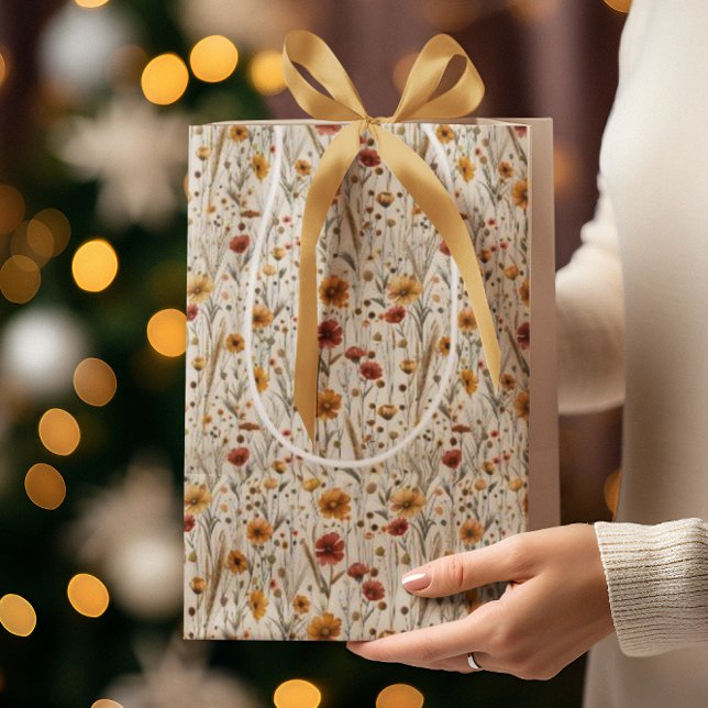 Sacola Para Presentes Média Flores Rústicas - Padrão Floral Boho Fall (Criador carregado)