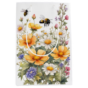 Sacola Para Presentes Média Flores selvagens e Abelhas de mel Aquarela