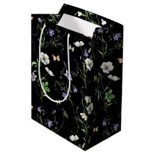 Sacola Para Presentes Média Flores silvestres e borboletas em preto