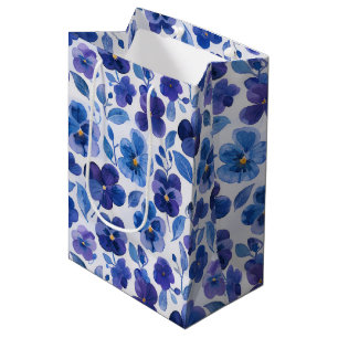 Sacola Para Presentes Média Flores Tipo Amor-Perfeito Azul e Roxo Vinho, Peque