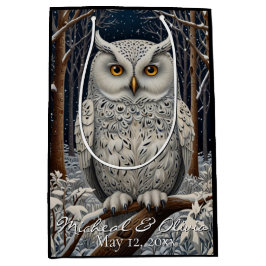 Sacola Para Presentes Média Floresta de inverno de coruja branca Elegante