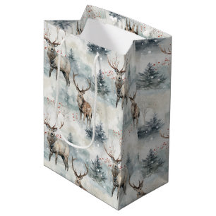 Sacola Para Presentes Média Floresta de Veados em Aquarela de Inverno (4)