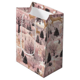 Sacola Para Presentes Média Floresta de Veados Rosa com Neve