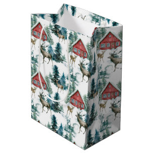 Sacola Para Presentes Média Florestas de cabine com cervos e árvores de neve