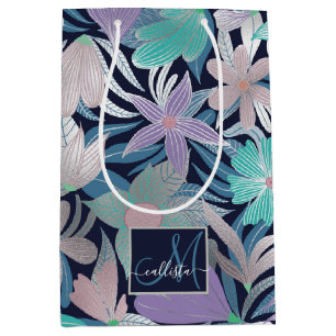 Sacola Para Presentes Média Folha Azul Roxo-Prateada Folha Monograma