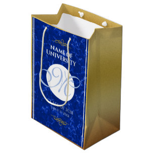 Sacola Para Presentes Média Folha de Ouro Azul Marble Monograma de Graduação E