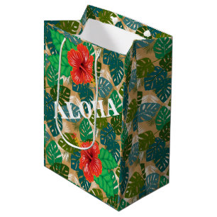 Sacola Para Presentes Média Folhagem da Selva Havaiana Hibiscus ALOHA