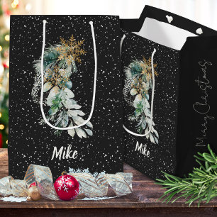 Sacola Para Presentes Média Folhagem Moderna Botânica Floco de Neve Feliz Nata