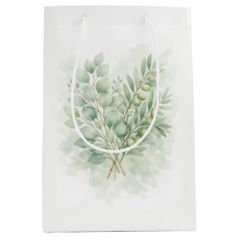 Sacola Para Presentes Média Folhas de Aquarela Botânica Verde Pastel