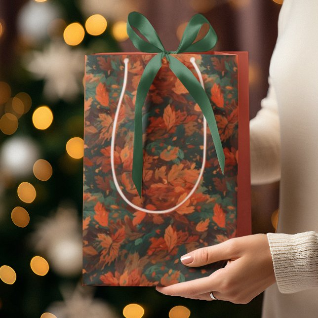 Sacola Para Presentes Média Folhas de Aquarela Russas Quentes - Estética Boho (Criador carregado)