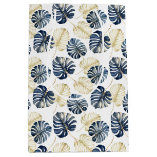 Sacola Para Presentes Média Folhas Douradas Tropicais Azul Branco