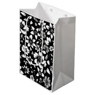 Sacola Para Presentes Média Folhas Florais Modernas Preto e Branco Sopro