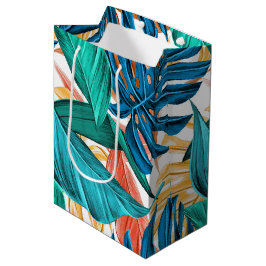 Sacola Para Presentes Média Folhas tropicais coloridas, design de padrão exóti