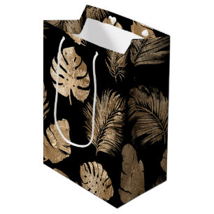 Sacola Para Presentes Média Folhas tropicais Douradas chic Black