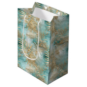 Sacola Para Presentes Média Folhas Tropicais Douradas de Aqua White