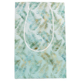 Sacola Para Presentes Média Folhas Tropicais Verde Aqua Dourado