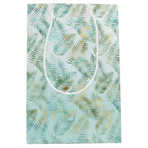 Sacola Para Presentes Média Folhas Tropicais Verde Aqua Dourado