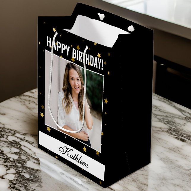 Sacola Para Presentes Média Foto personalizada Parabéns para as mulheres (happy birthday gift bag, personalized gift bag, custom photo gift bag, birthday gift wrap)