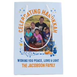 Sacola Para Presentes Média Foto personalizável da FAMÍLIA HANUKKAH