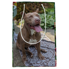 Sacola Para Presentes Média Fotografia de Pitbull Feliz com Flores