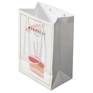 Sacola Para Presentes Média Frame Elegante de Ouro - Fatia de Bolo de Aniversá