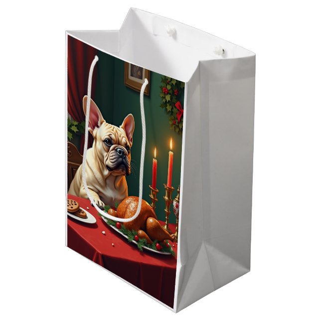 Sacola Para Presentes Média French Bulldog Christmas Eve Feast Painting (Frente inclinada)