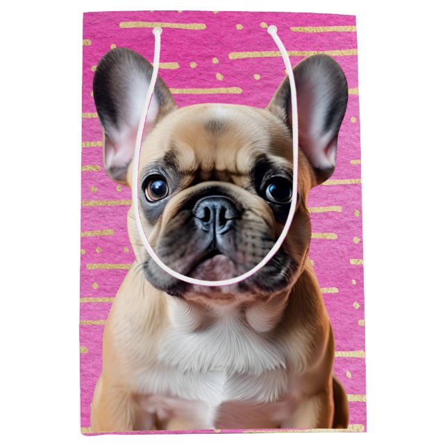 Sacola Para Presentes Média French Bulldog Pink Party Sweet Puppy Dog (Frente)