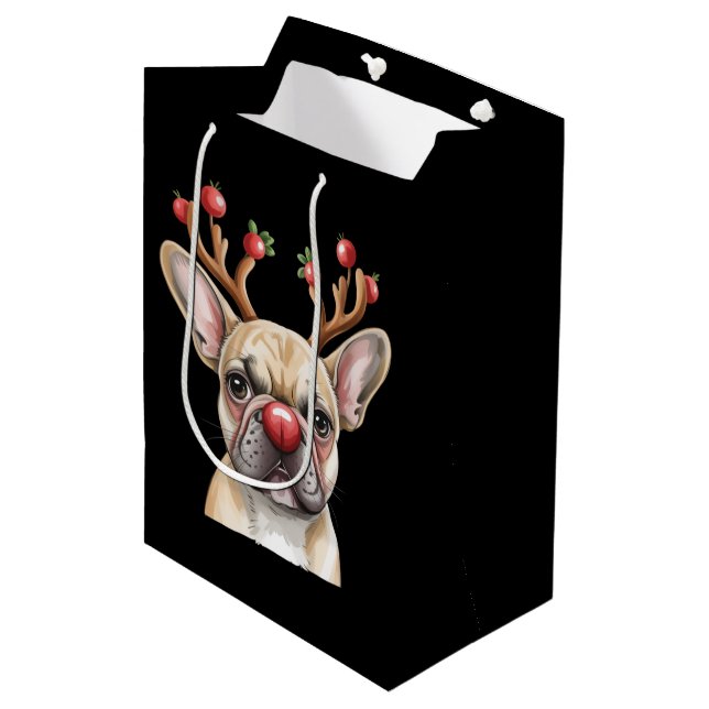 Sacola Para Presentes Média French Bulldog Reindeer Dog Lover Christmas Xmas (Frente inclinada)