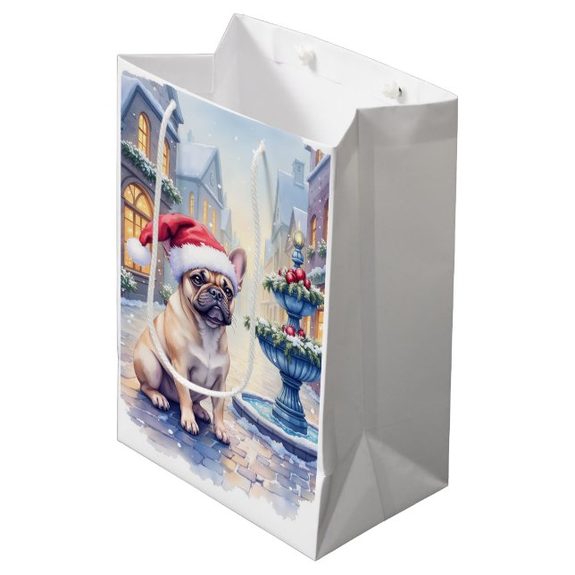 Sacola Para Presentes Média French Bulldog Snowy Town Fountain Santa Christmas (Frente inclinada)