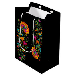 Sacola Para Presentes Média Fronteira de Gavinhas do Poder Floral Retro 19