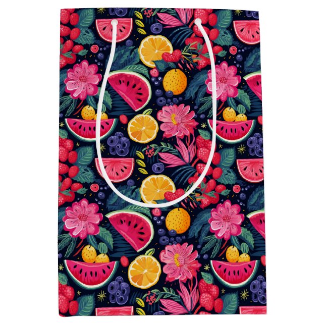 Sacola Para Presentes Média Frutas e flores tropicais (Frente)