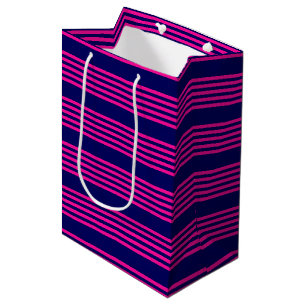 Sacola Para Presentes Média Fuchsia e padrão de cinco faixas azul marinho