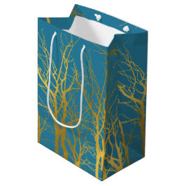 Sacola Para Presentes Média Fundo Azul Padrão de Ramificações de Árvore Dourad