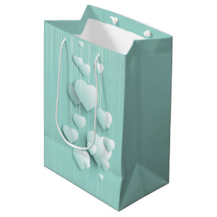 Sacola Para Presentes Média Fundo verde claro com corações brancos 3D