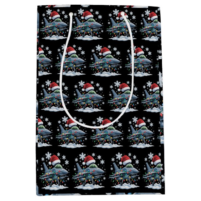Sacola Para Presentes Média Funny Jet Fighter Military Christmas Holiday Xmas (Frente)