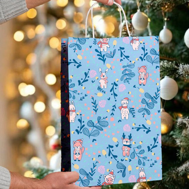 Sacola Para Presentes Média Funny Woodland Friends  Blue Winter Forest Pattern (Criador carregado)