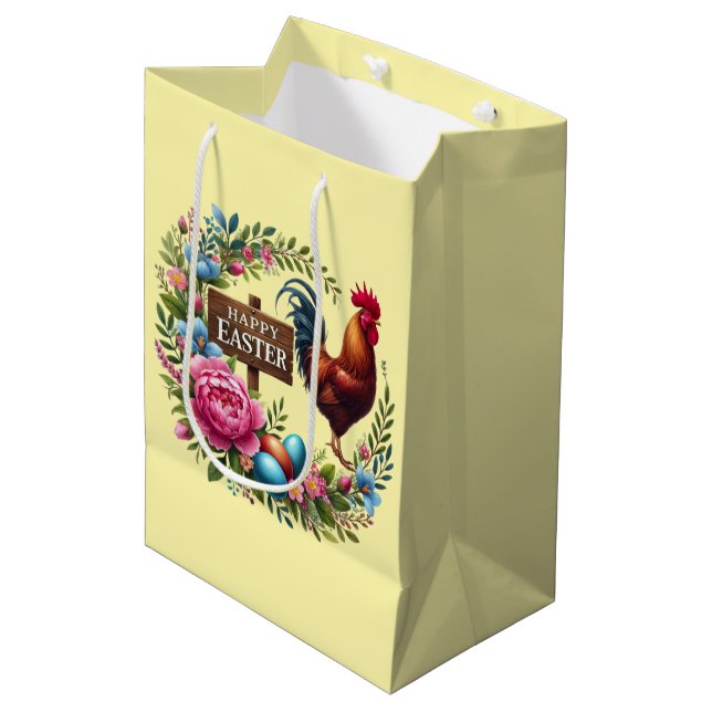 Sacola Para Presentes Média Galinha Easter feliz fofa  (Frente inclinada)