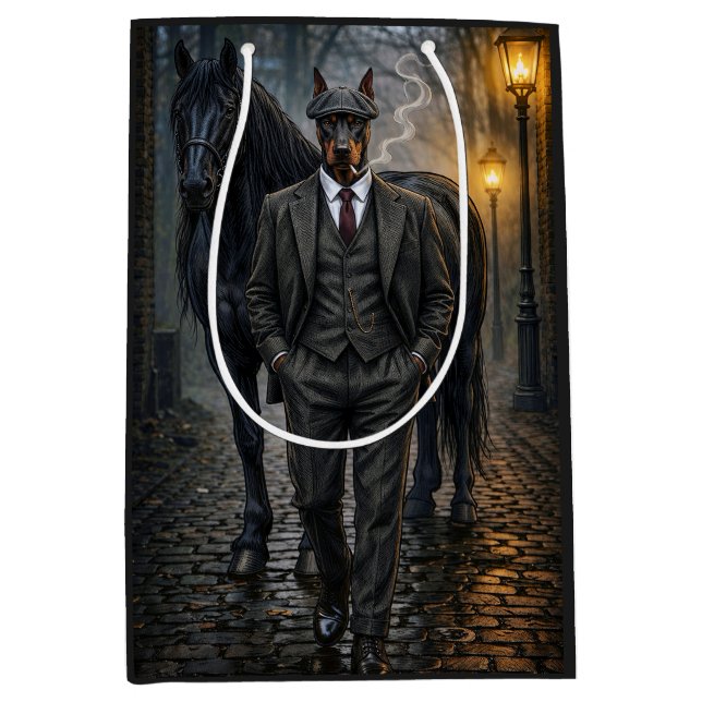 Sacola Para Presentes Média Gângster Doberman em Branco  (Frente)