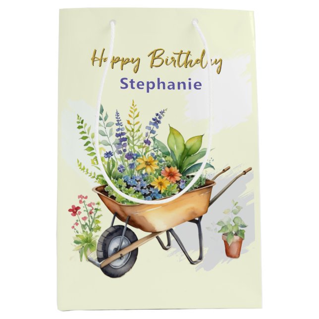 Sacola Para Presentes Média Garden Wheelbarrow Feliz Aniversário Personalizado (Frente)