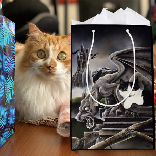 Sacola Para Presentes Média Gargula Gótica Gato Fantasia Sombria Castelo