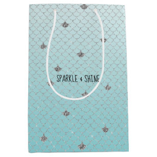Sacola Para Presentes Média Garota Aqua Silver Glitter Sereia