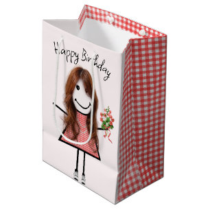 Sacola Para Presentes Média Garota Bonita Com Buquê De Aniversário